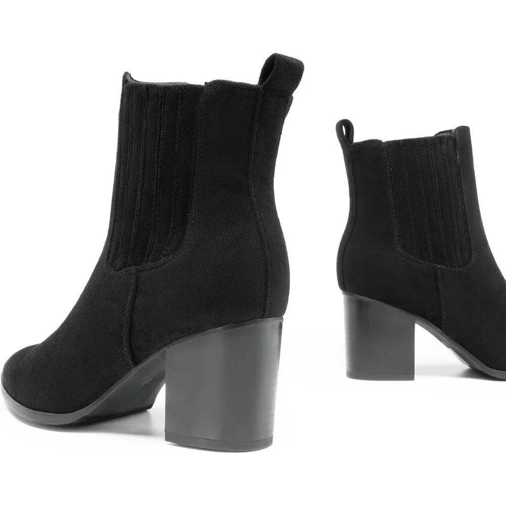 Women's Black-suede Pointed Toe Ankle Boots Chunky Block Heel Bootie Fall